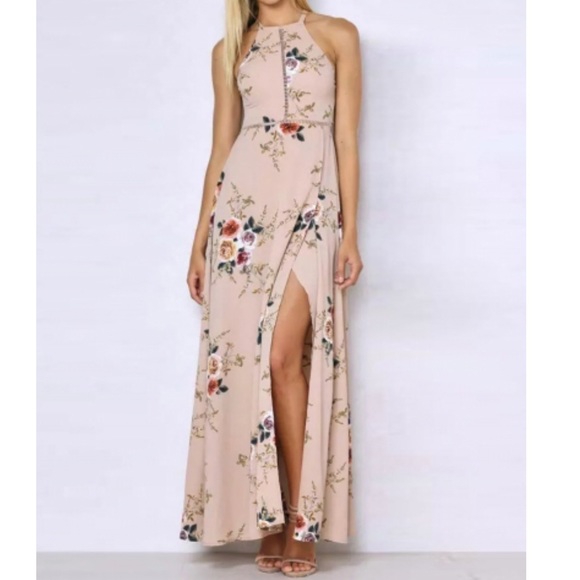 Boutique Dresses & Skirts - Floral Front Slit Open Back Halter Boho Maxi Dress